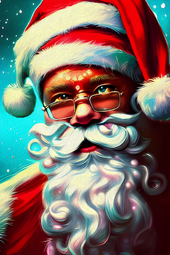 A portrait of Santa Claus looking disheveled with eyes crossed, 3 hats on, and rhinestones on his forehead