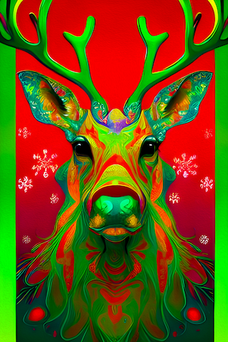 A red a green swirling portrait of a reindeer in a surrealist/psychedelic artistic style