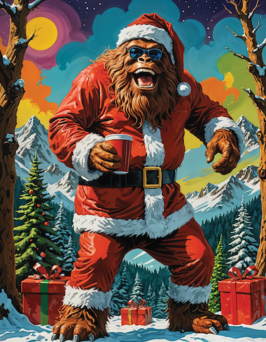 Sasquatch standing in the forest wearing Santa's clothes and hat, in a pop art artistic style